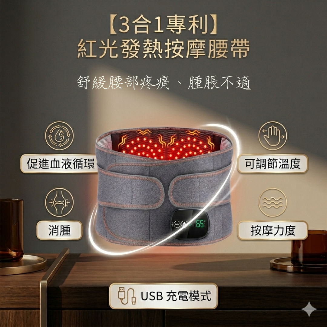 【3合1專利】紅光發熱按摩腰帶