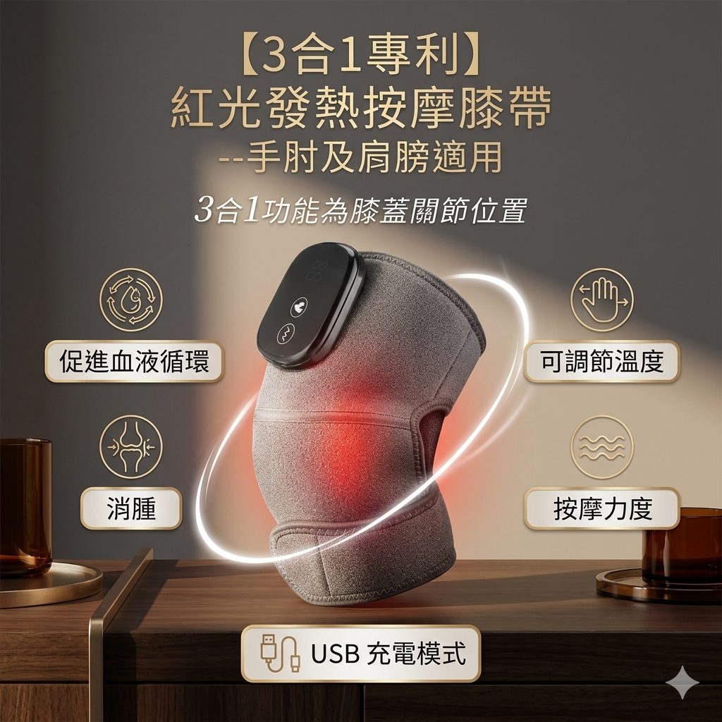 【3合1專利】紅光發熱按摩膝帶--手肘及肩膀適用